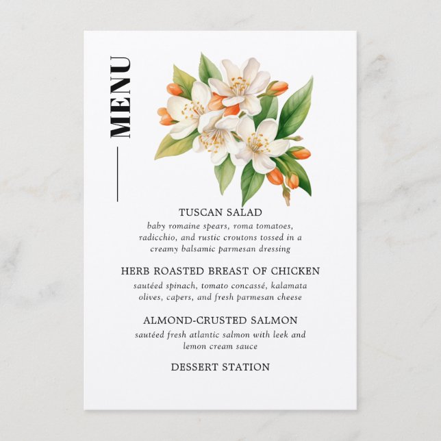Menu Cardápio de Casamento Orange Blossom (Frente)