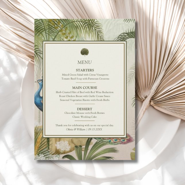Menu Cardápio de Casamento Peacock Palm (Peacock Palm wedding menu with personalized courses, names and date for a tropical reception)