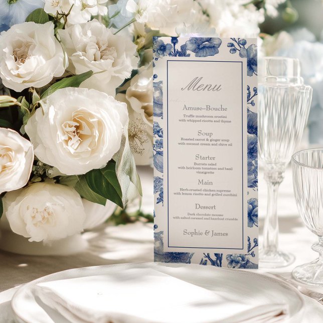 Menu Cardápio de casamento plano prateado e azul-marinh (Criador carregado)