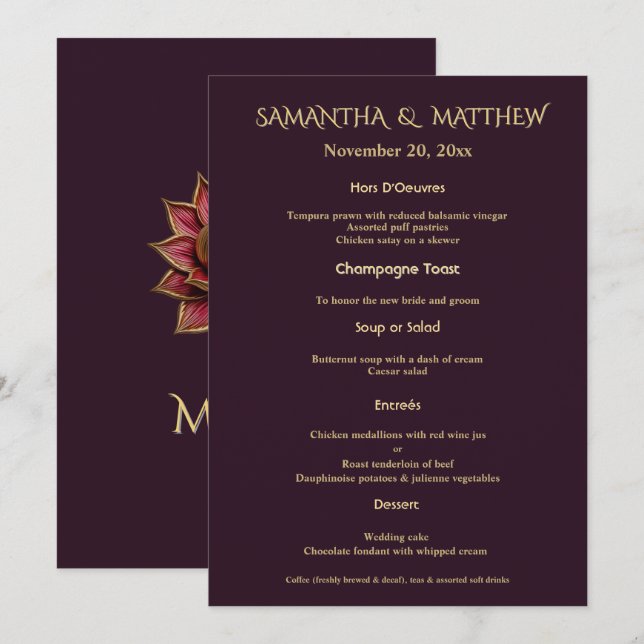 Menu Cardápio de Casamento Plum Gold Elegante Retrato (Frente/Verso)