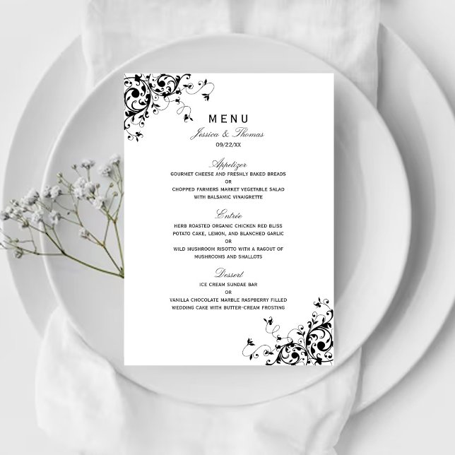 Menu Cardápio de Casamento Preto e Branco com Ondas Ele (Criador carregado)
