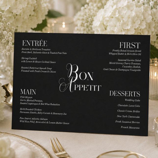 Menu Cardápio de Casamento Preto e Branco Moderno (Criador carregado)
