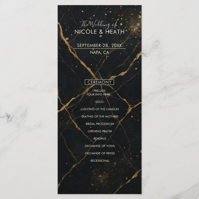 Menu Cardápio de Casamento Preto e Dourado de Mármore d (Frente)