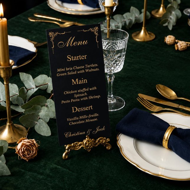 Menu Cardápio de Casamento Preto e Dourado Elegante (Criador carregado)
