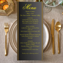 Menu Cardápio de Casamento Preto e Dourado Elegante
