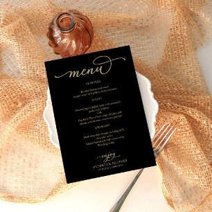 Menu Cardápio de Casamento Preto em Letra Dourada Elega