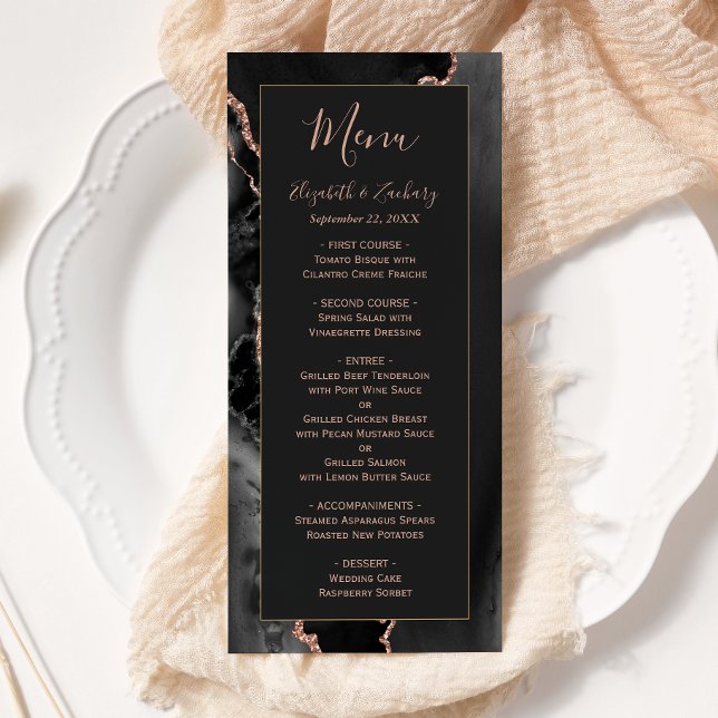 Menu Cardápio de casamento preto moderno com rosa doura (Criador carregado)