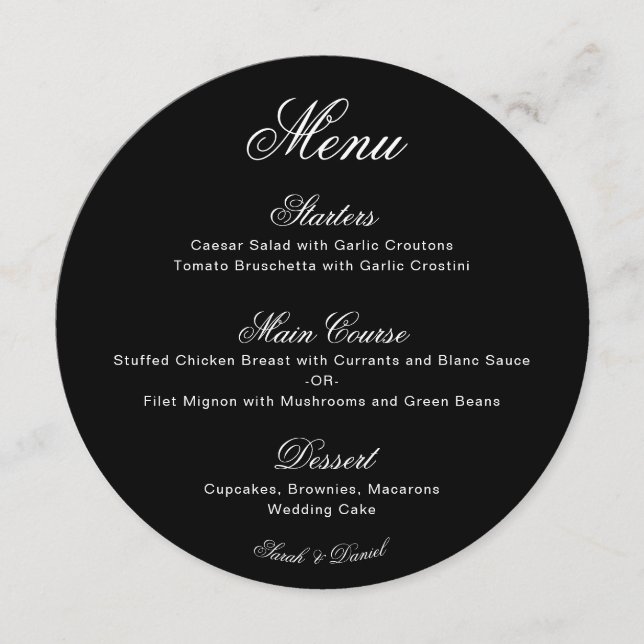 Menu Cardápio de Casamento Preto Redondo com Caligrafia (Frente)