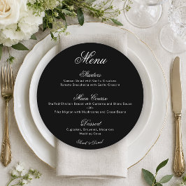 Menu Cardápio de Casamento Preto Redondo com Caligrafia