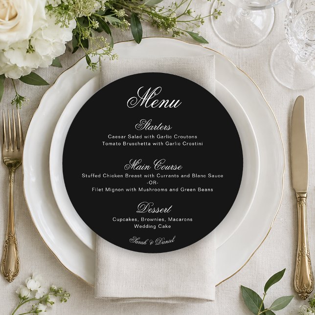 Menu Cardápio de Casamento Preto Redondo com Caligrafia (Criador carregado)