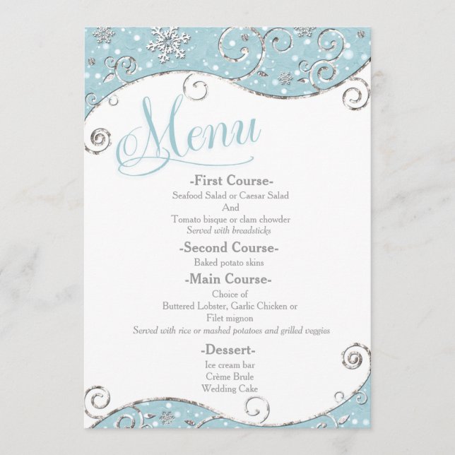 Menu Cardápio de Casamento Redemoinho de Flocos de Neve (Frente)
