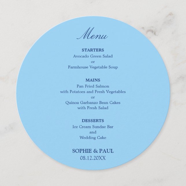 Menu Cardápio de Casamento Redondo Azul Centáurea (Frente)