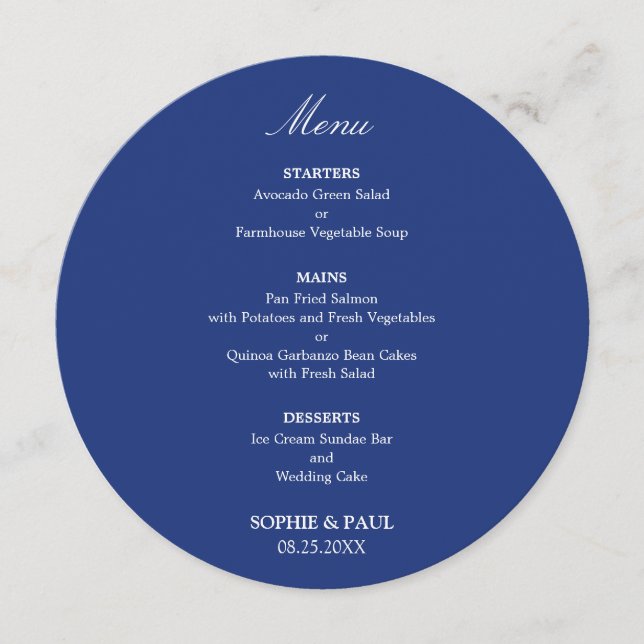 Menu Cardápio de Casamento Redondo Azul Escuro (Frente)