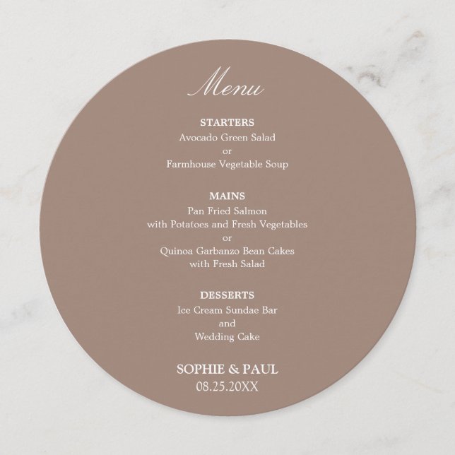 Menu Cardápio de Casamento Redondo Bege (Frente)