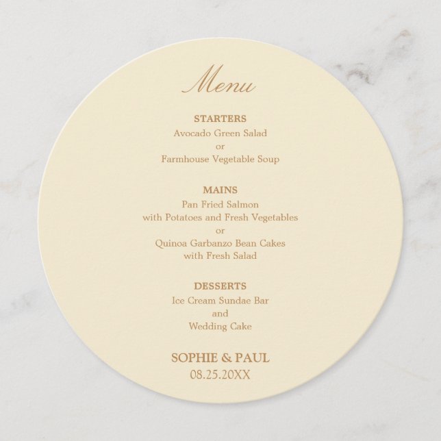 Menu Cardápio de Casamento Redondo Bege Dourado Creme (Frente)