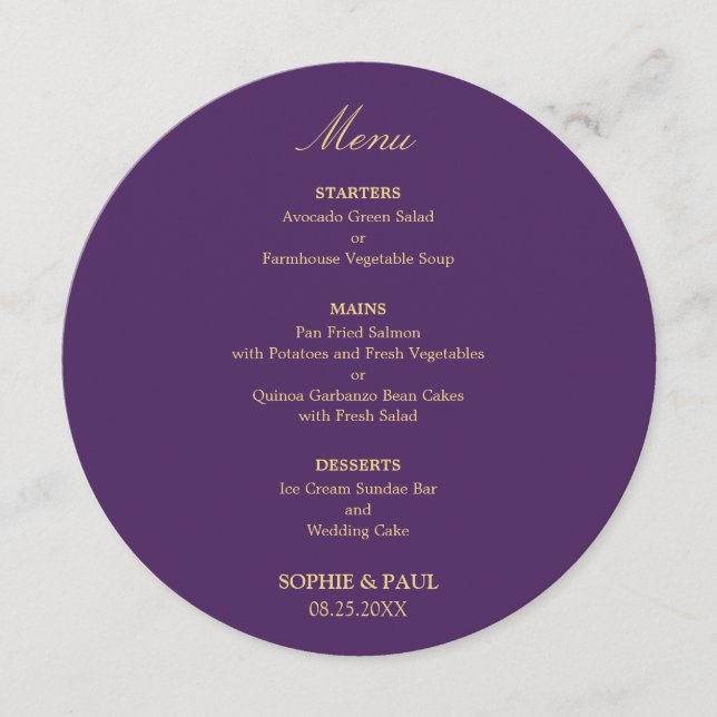 Menu Cardápio de Casamento Redondo Bege Dourado Roxo (Frente)