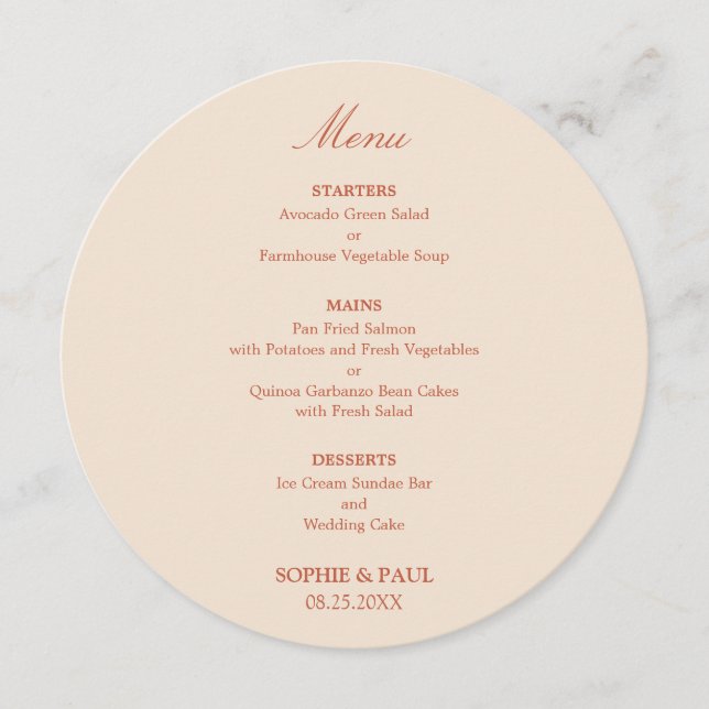 Menu Cardápio de Casamento Redondo com Letra Terracota (Frente)