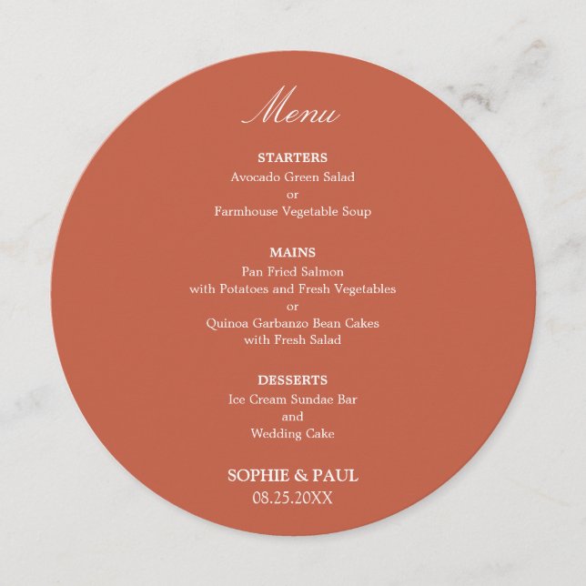 Menu Cardápio de Casamento Redondo de Terracota (Frente)
