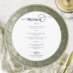 Menu Cardápio de Casamento Redondo em Azul Naval Elegan<br><div class="desc">Um cartão de menu de casamento com caligrafia simples e sofisticada. Ofereço um serviço de personalização gratuito; se tiver alguma dúvida ou pedido especial,  por favor não hesite em entrar em contato.</div>