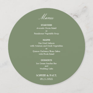 Menu Cardápio de Casamento Redondo Verde Salvia