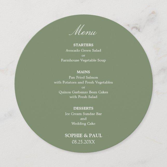 Menu Cardápio de Casamento Redondo Verde Salvia (Frente)