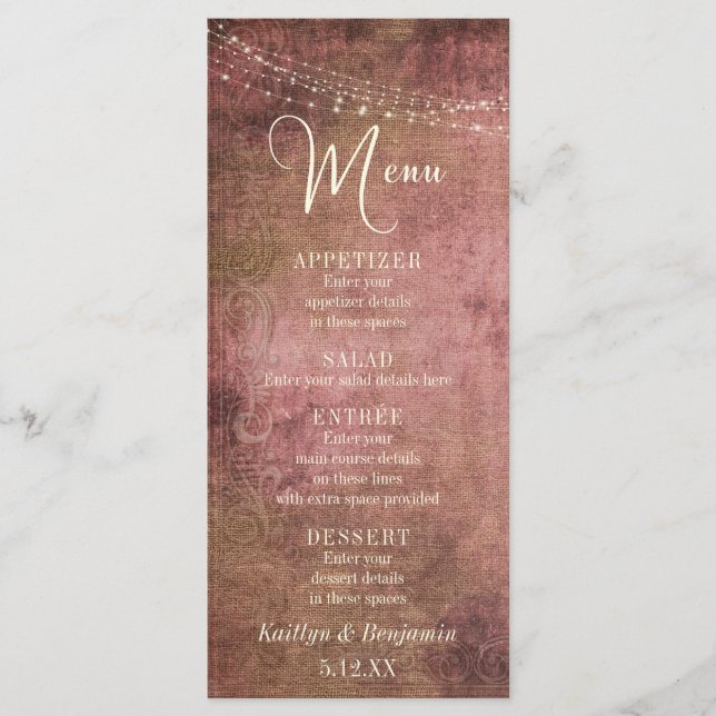 Menu Cardápio de Casamento Rosa Antigo Rústico com Lona (Frente)