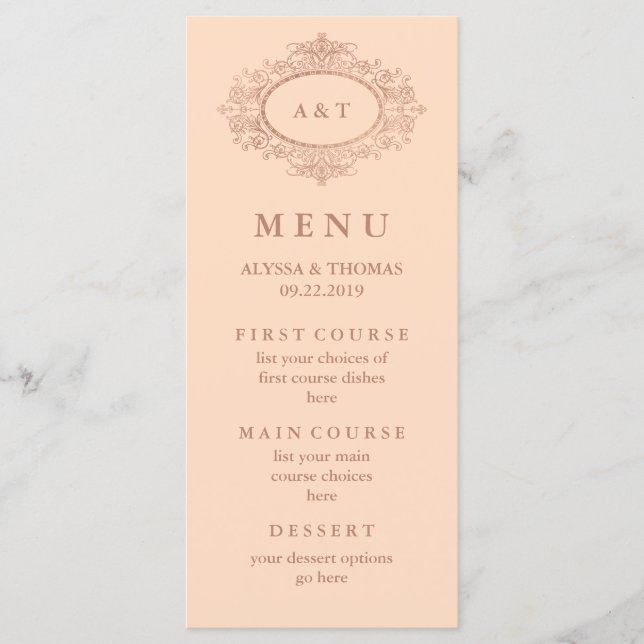 Menu Cardápio de Casamento Rosa Bege com Glam Faux Dour (Frente)