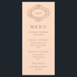 Menu Cardápio de Casamento Rosa Bege com Glamour em Dou<br><div class="desc">Este cartão de cardápio de casamento elegante apresenta um fundo rosa bege suave projetado com uma moldura ornamentada e vintage em dourado rosado. Suas iniciais e o restante do texto aparecem em uma cor rosa correspondente.</div>
