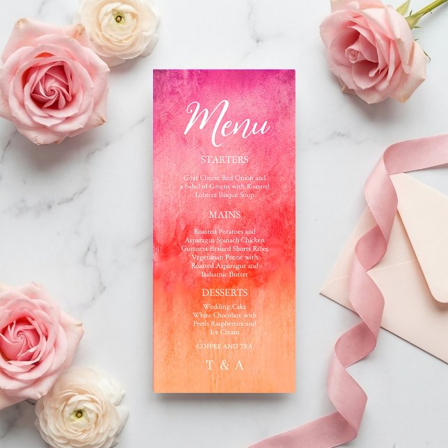 Menu Cardápio de Casamento Rosa Quente e Laranja em Aqu (Watercolor Hot Pink and Orange Wedding Menu #menu #hotpinkandorange #springbloom #dinner #brightmenu)