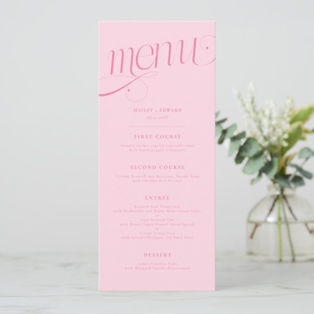 Menu Cardápio de Casamento Rosa Redemoinho Elegante (Em pé/Frente)