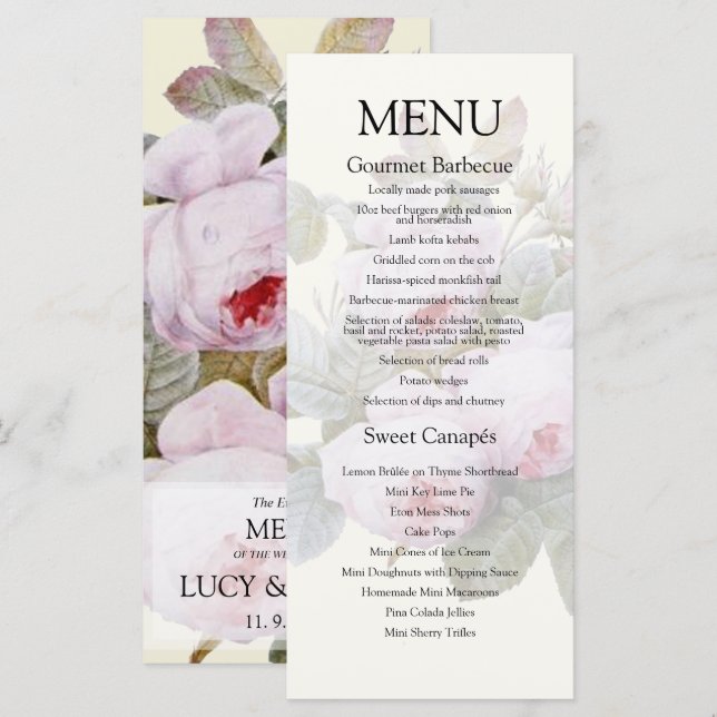Menu Cardápio de Casamento Rosas Francesas Vintage (Frente/Verso)