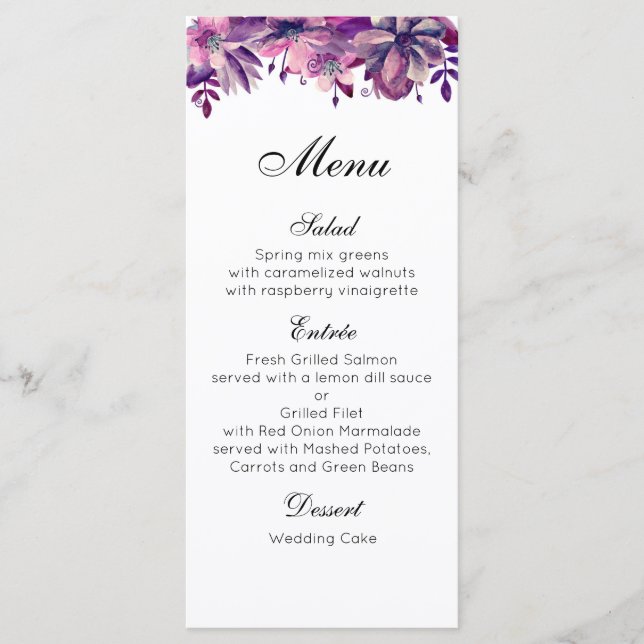 Menu Cardápio de casamento roxo. Cardápio de jantar flo (Frente)