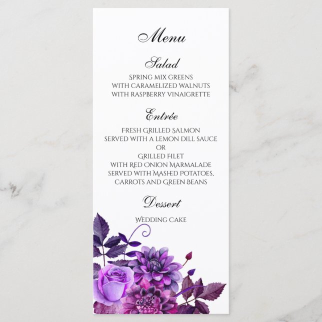 Menu Cardápio de casamento roxo Cardápio de jantar flor (Frente)
