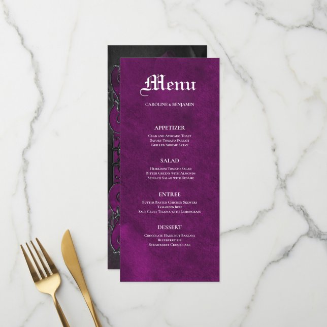 Menu Cardápio de casamento roxo gótico elegante de hall (Frente/Verso In Situ)
