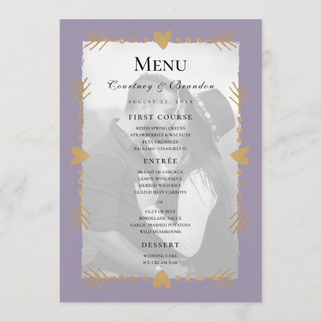 Menu Cardápio de Casamento Roxo Moderno com Corações Do (Frente)