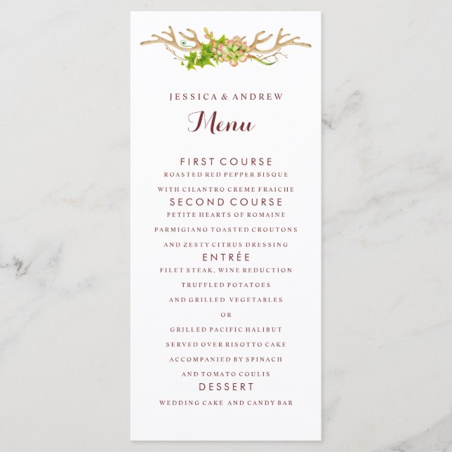 Menu Cardápio de Casamento Rustic Antlers & Wildflowers (Frente)