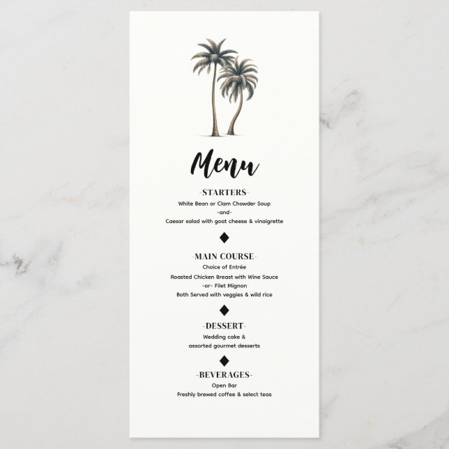 Menu Cardápio de Casamento Rústico à Beira-Mar com Palm (Frente)