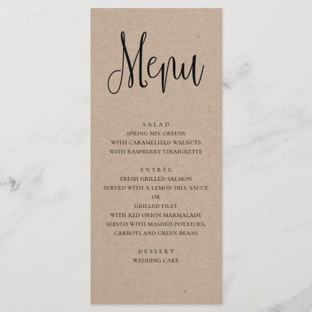 Menu Cardápio de casamento rústico. Cardápio de jantar  (Frente)