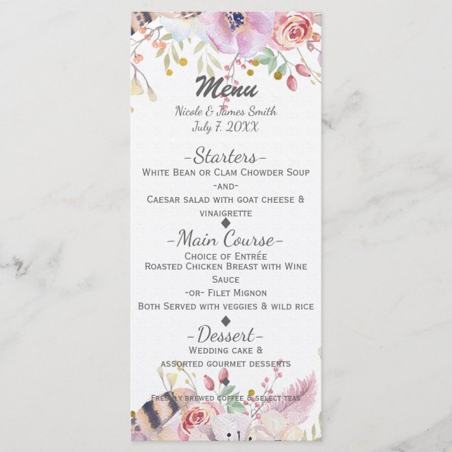 Menu Cardápio de Casamento Rústico Country com Flores & (Frente)