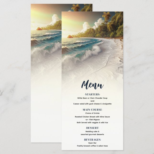 Menu Cardápio de Casamento Rústico de Praia ao Pôr do S (Frente/Verso)