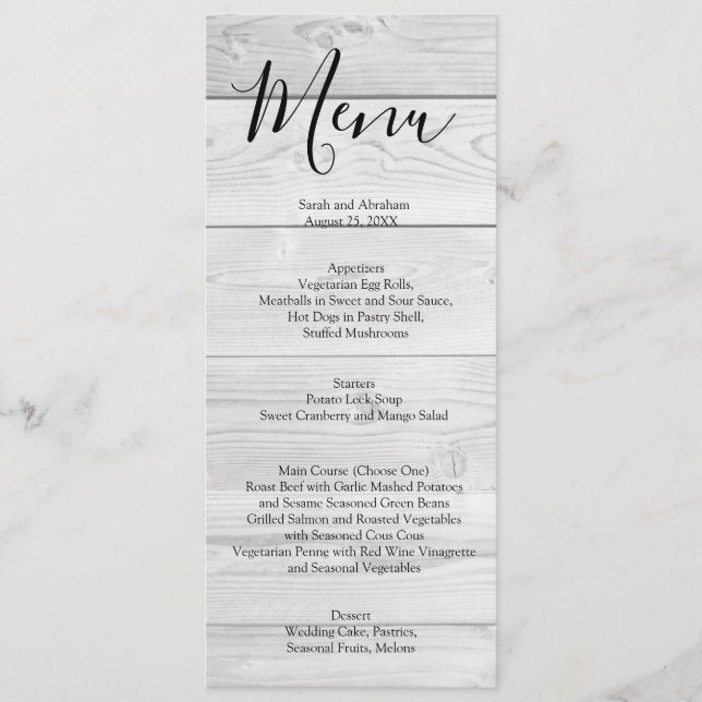 Menu Cardápio de casamento rústico em madeira branca Ch (Frente)