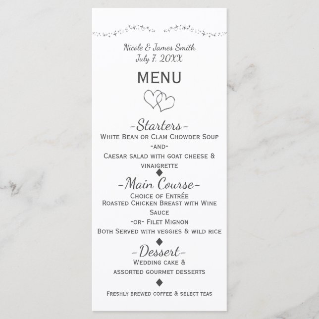 Menu Cardápio de Casamento Silver Hearts & Sparkle Glam (Frente)