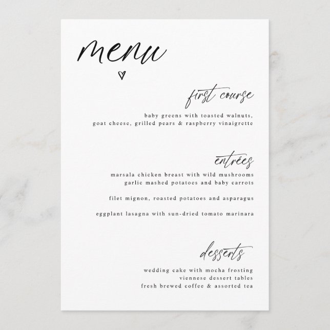 Menu Cardápio de Casamento Simples Coração Escrita à Mã (Frente)