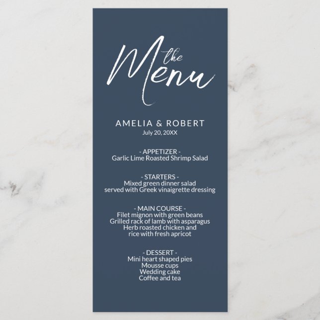 Menu Cardápio de Casamento Simples e Elegante Azul Nava (Frente)