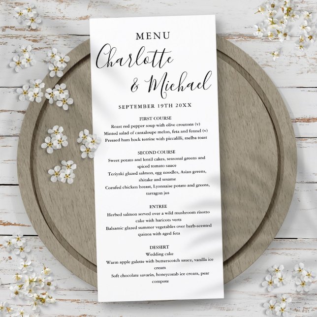 Menu Cardápio de Casamento Simples em Branco e Preto co (Simple Black White Signature Script Wedding Menu)