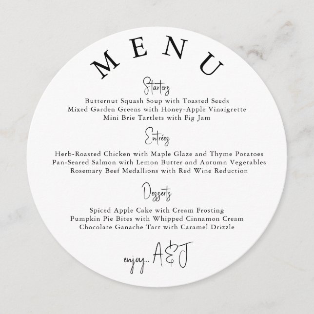 Menu Cardápio de Casamento Simples Moderno Círculo Bran (Frente)