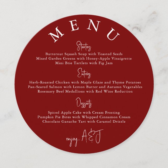 Menu Cardápio de Casamento Simples Moderno Círculo Verm (Frente)