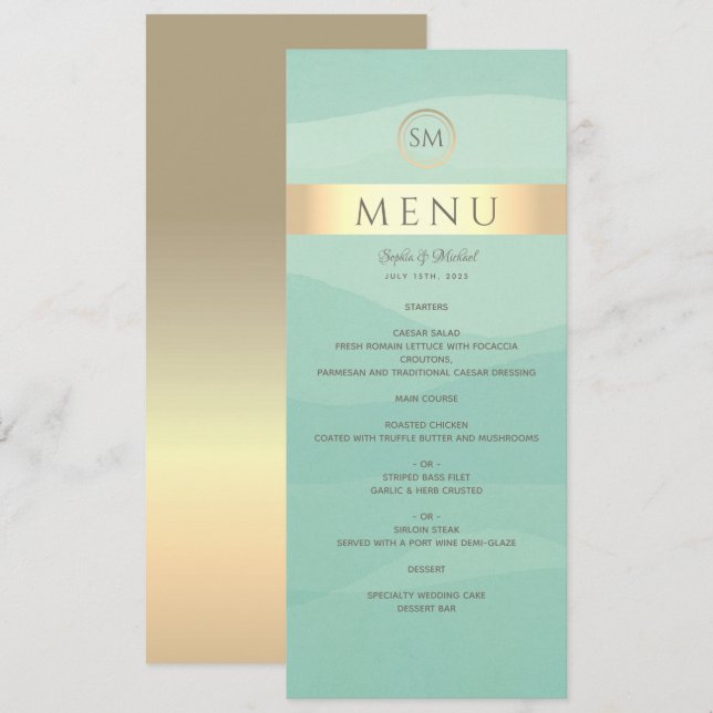 Menu Cardápio de Casamento Simples Verde e Dourado (Frente/Verso)