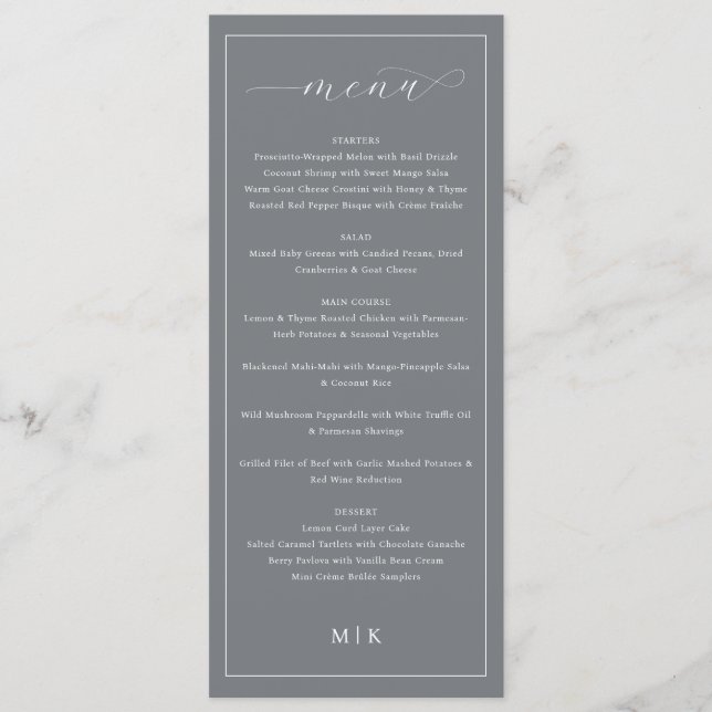 Menu Cardápio de Casamento Sofisticado em Cinza e Serif (Frente)