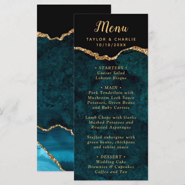 Menu Cardápio de Casamento Teal Azul e Ágata Dourada (Frente/Verso)